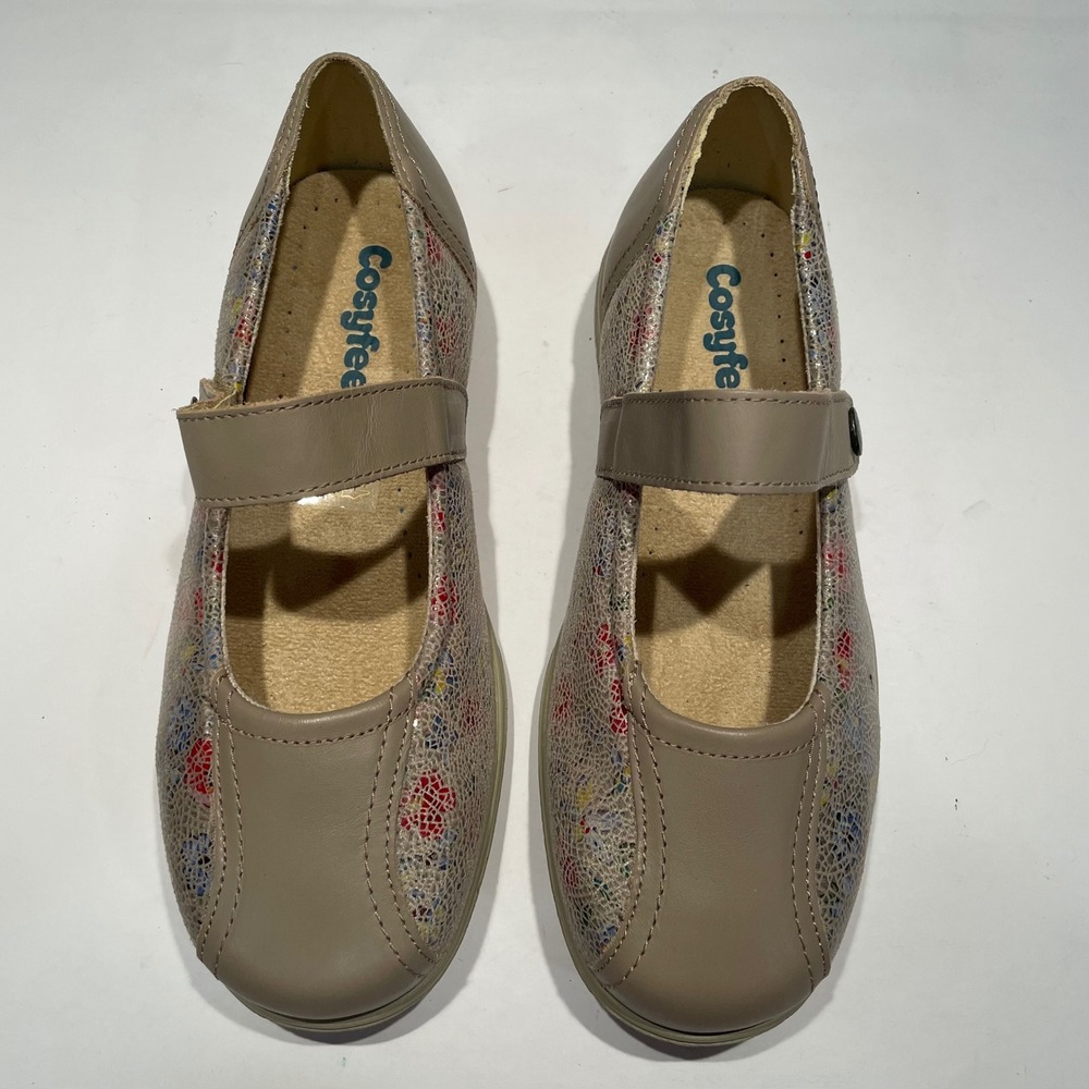 Cosyfeet Women Taupe Leather Floral Mary Jane Extra Roomy Comfort Shoes Size 7 - Picture 2 of 8